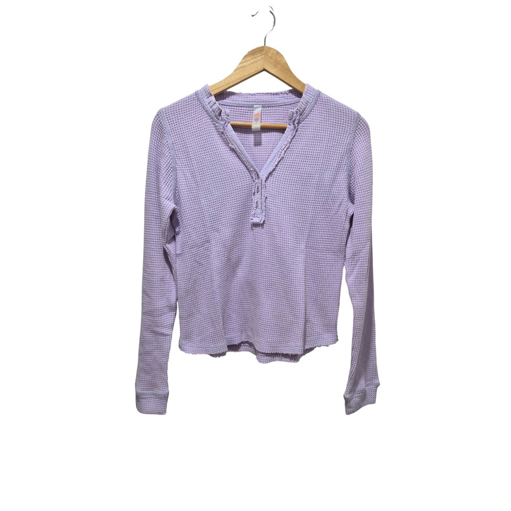 Mono‎ B Womens Waffle Knit Raw Hem Long Sleeve Henley Top Lavender M